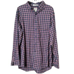 LL Bean Mens Large Wrinkle Resistant Plaid Button Down Shirt Navy Red 281449